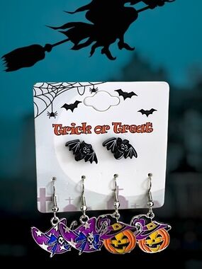 Halloween 3-piece Earring Set - Bat studs, Witch's Hat & Jack-O'-Lantern